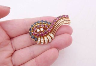 18ct Gold Diamond Ruby Sapphire Brooch,  Art Deco Design Heavy 15.  8 Grams