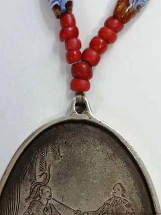 RARE 1792 Hand Engraved Washington Indian Peace Antique Medal w/Bead Necklace 6