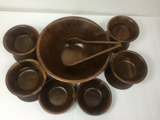 Set Of 12 Vintage Vermillion Walnut Wood Salad Bowl W/serving Bowls And Utensil