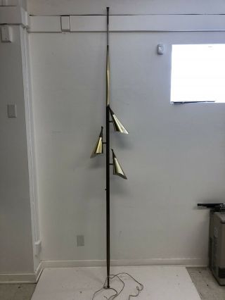 Vintage TENSION POLE FLOOR LAMP mid century modern light gold cone 3 Way 50s 60s 7