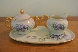 Hand Painted Creamer And Sugar & Tray Tea Ceramic Purple Floral Design Doris 59