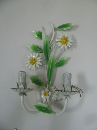 Vtg 50s French Or Italian Painted Tole 2 Lights Wall Sconce Floral Daisy Pattern