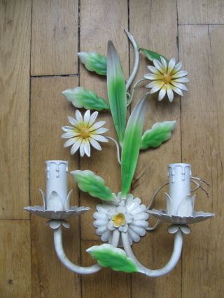 Vtg 50s French or Italian Painted Tole 2 Lights Wall Sconce Floral Daisy Pattern 3