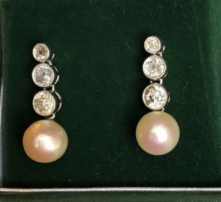 Elegant Antique Art Deco 1ct Old Cut Diamond And Pearl Drop Earrings 18k Gold