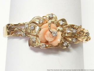 Vintage Carved Angelskin Coral Fine Diamond Bracelet 26.  4gr Retro Deco Bangle