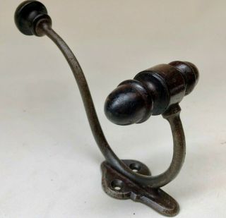 Antique French Cast Iron & Turned Acorn Wood Coat & Hat Hook In