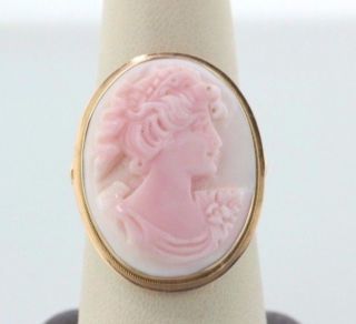 Vintage 14k Rose Gold Carved Pink Shell Cameo Ring - Size 8.  5