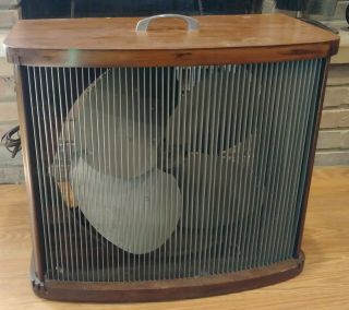 Vintage Mathes Cooler Electric Four Blade Fan Wood Casing Metal Screens