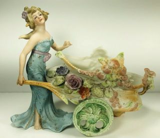 Vtg German? Bisque Spill Vase Lady Woman With Flower Cart Art Nouveau