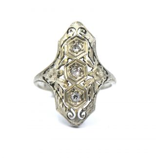Antique Art Deco Three Stone Diamond Ring Floral Filigree 18k White Gold Sz 6.  75