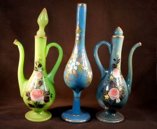Turkish Set Of 3 Colored Opaline Glass Rose Water Sprinklers Hand Decorated