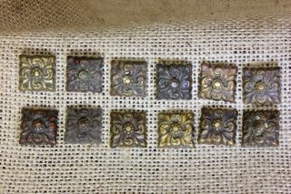 12 Old Brass Tacks 9/16” Flower Square Head Upholstery Rustic 1800’s Vintage