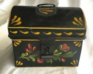 Antique Vintage Toleware Hand Painted Tin Dome Box Small Treasure
