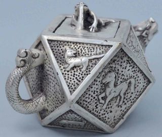 Collectable Handwork Souvenir Miao Silver Carve 12 Zodiac Ball Auspicious Teapot 5