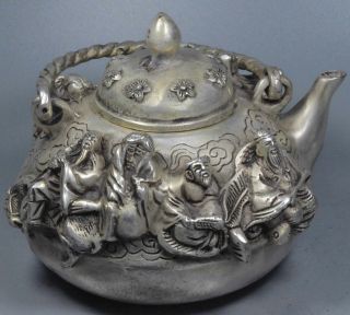Souvenir Old Collectable Miao Silver Carve Exorcism 8 God Tibet King Pray Teapot