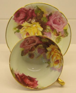Red,  Pink & Yellow Cabbage Rose On Stanley Fine Bone China Cup And Saucer