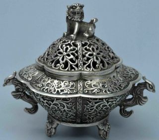 Collectable Old Noble Miao Silver Carve Exorcism Lion Phoenix Incense Burners