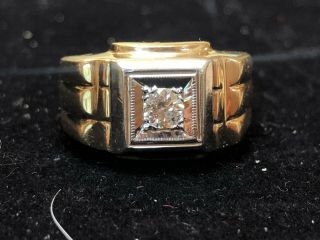 ESTATE VINTAGE 14K GOLD NATURAL DIAMOND MEN ' S BAND RING WEDDING SIGNED SKAL 10