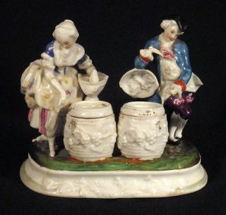 1800s Antique Porcelain Ink Stand Inkwell Sander Man & Woman Germany Inkstand