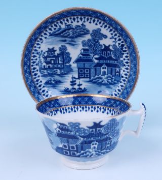 Early English Hp Chinoiserie Cup & Saucer Blue Gilt Chinese Export Porcelain