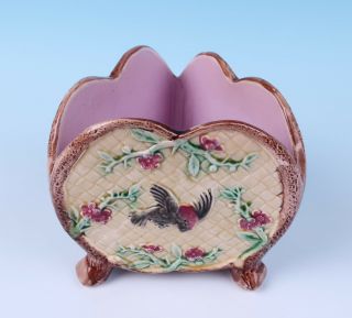 Antique Majolica Triangular Birds & Basketweave Planter Vase Victorian Pottery