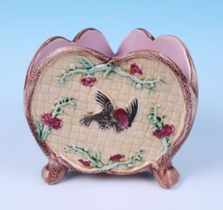 Antique Majolica Triangular Birds & Basketweave Planter Vase Victorian Pottery 5