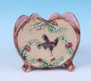 Antique Majolica Triangular Birds & Basketweave Planter Vase Victorian Pottery 6