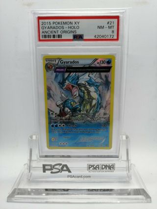 2015 Pokemon Xy Ancient Origins 21 Gyarados Holo Psa 8 With Psa Stand