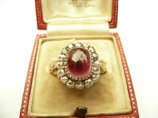 Ladies Antique Solid 15ct Gold Ruby & Old Cut Diamond Halo Ring Size O 17.  58mm