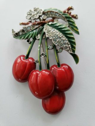 Trifari Pin Clip Vintage Bright Red Cherries Rhinestones Alfred Philippe Brooch