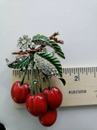 Trifari Pin Clip Vintage Bright Red Cherries Rhinestones Alfred Philippe Brooch 7