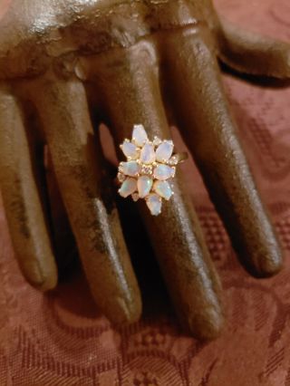 Vintage 10k Gold Fire Opals And Natural Diamond Cocktail Ring Sz 6