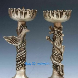 A Pair Exquisite Tibet Silver Dragon And Phoenix Candle Stick Statue 2
