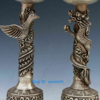 A Pair Exquisite Tibet Silver Dragon And Phoenix Candle Stick Statue 3