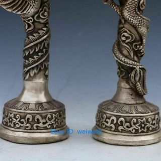 A Pair Exquisite Tibet Silver Dragon And Phoenix Candle Stick Statue 4