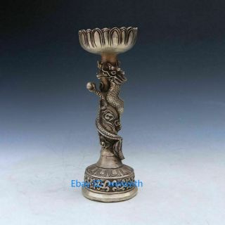A Pair Exquisite Tibet Silver Dragon And Phoenix Candle Stick Statue 6