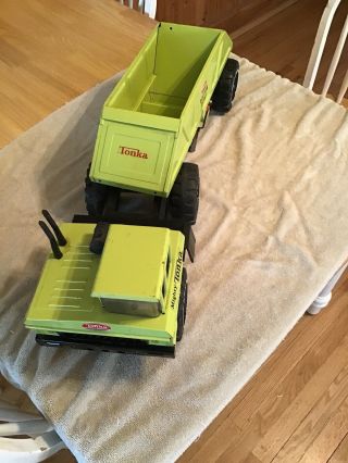 Vintage Mighty Tonka Bottom Dump Truck And Trailer - - Lime Green - - Estate Find