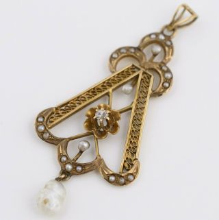 Antique Victorian Edwaridan 14k Gold Diamond Seed Pearl Lavaliere Pendant