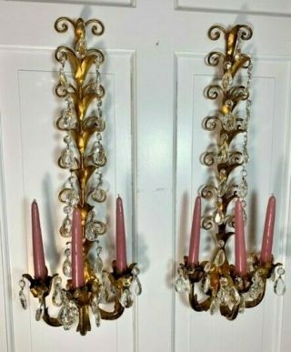 Vintage Italian Tole Metal Wall Candelabra Sconces With Glass Prisms