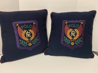 Vintage Rare Polo Ralph Lauren Crest Wool Navy Blue Throw Pillows Set Of 2