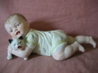 Vintage Victorian Piano Baby With Cat Porcelain Bisque Figurine Unmarked