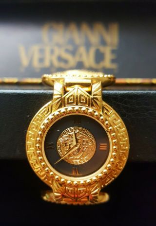 Vintage GIANNI VERSACE SIGNATURE Gold Plated Medusa Head Bracelet Watch w/ box 9