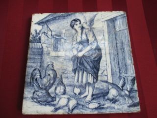 Antique Vintage Mintons Tile Farm Girl Feeding Chickens And Birds With A Dove
