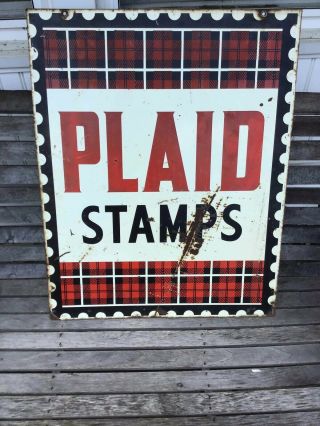 Vintage Plaid Stamps Double Sided Enamel Tin Sign Display Gas Oil 1960s