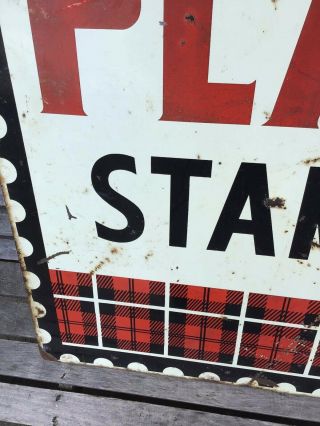 Vintage Plaid Stamps DOUBLE SIDED Enamel TIN SIGN DISPLAY Gas Oil 1960s 2