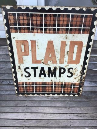 Vintage Plaid Stamps DOUBLE SIDED Enamel TIN SIGN DISPLAY Gas Oil 1960s 5