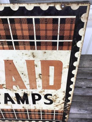 Vintage Plaid Stamps DOUBLE SIDED Enamel TIN SIGN DISPLAY Gas Oil 1960s 6
