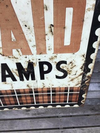 Vintage Plaid Stamps DOUBLE SIDED Enamel TIN SIGN DISPLAY Gas Oil 1960s 7