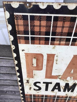 Vintage Plaid Stamps DOUBLE SIDED Enamel TIN SIGN DISPLAY Gas Oil 1960s 8