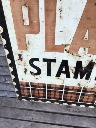 Vintage Plaid Stamps DOUBLE SIDED Enamel TIN SIGN DISPLAY Gas Oil 1960s 9